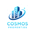 The image is a logo for Cosmos Properties, featuring a stylized graphic of buildings and a crescent moon.