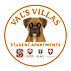 A logo for Val's Villas student apartments featuring a dog and logos of three universities.