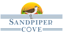 A bird is standing on a striped banner with the words "Sandpiper Cove" written underneath.