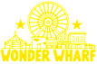 A yellow silhouette of a city with a star and a green area within it.