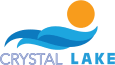 the logo for cystals lake with a wave in front of the sun
