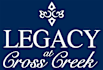 A logo with the words "Legacy at Cross Creek" in white on a blue background.