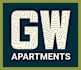 A logo for GW Apartments with a wood grain pattern.
