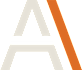 A large white letter A on a black background with a diagonal orange line.