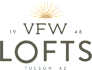 A logo with the text VFW LOFTS in front of a sunburst graphic.