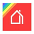a red house with a rainbow flag in the background