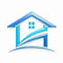 A stylized image of a house with a blue roof and a white background.