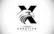 A black and white logo with the letter X and an eagle head.