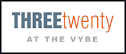 A logo with the words "THREE twenty AT THE VYBE" in different font sizes and colors.