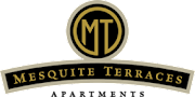 The image is a logo for "Mesquite Terraces" with a black and gold color scheme.