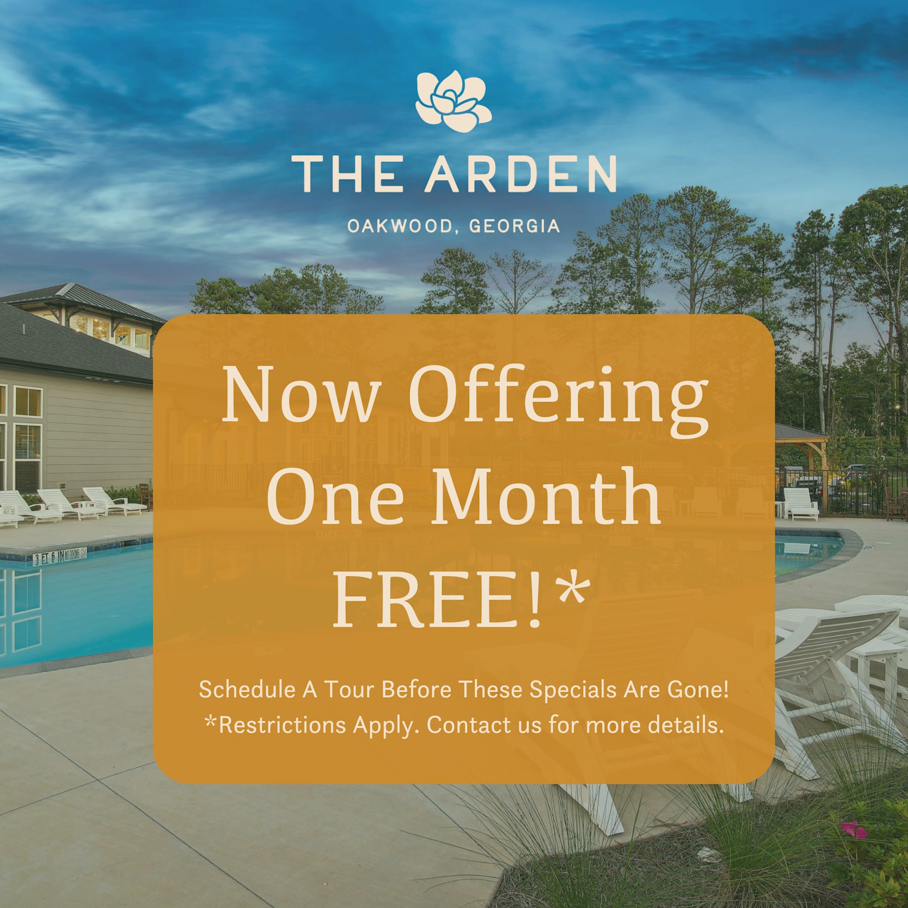 A promotional image for The Arden in Oakwood, Georgia offering a one month free deal.