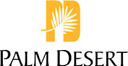 A logo with a palm tree and the words "Palm Desert" below it.