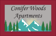 the logo for contractor woods apartments with mountains and trees at Conifer Woods Apartments, Alaska, 99603