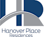 A graphic with a blue and grey design and the words Hanover Place Residences.