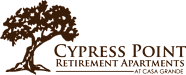 A logo for Cypress Point Retirement Apartments at Casa Grande featuring a tree.
