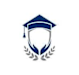 A blue and white logo with a graduation cap and a laurel wreath.