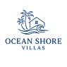 A logo with a house and palm trees with the words Ocean Shore Villas.