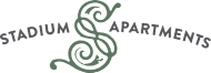 The image shows the words "STADIUM APARTMENTS" in a stylized font with a decorative swirl design on a green background.
