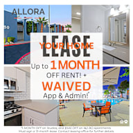 A promotional image for Allora at Renaissance, advertising a 1-month lease-to-own option with waived application and administrative fees.