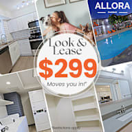 A collage of images showcasing a lease option for $299 at Allora in Phoenix.