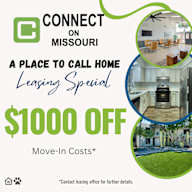 A promotional image for a leasing special offering $1000 off move-in costs at Connect on Missouri.