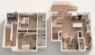 A top-down view of a two-story apartment layout with a balcony on the second floor.