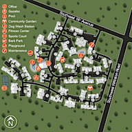 Map shows a neighborhood with a gazebo, pool, and fitness center.
