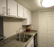 A kitchen with a sink and cabinets.