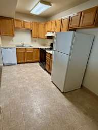 A kitchen with a white refrigerator, white dishwasher, and wooden cabinets.