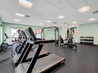 A gym with treadmills, weights, and exercise equipment.