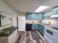 A kitchen with a white fridge and a black dishwasher.