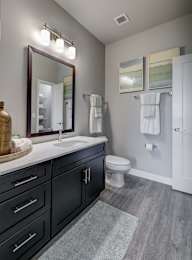 A bathroom with a sink, toilet, and a mirror.