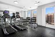 A gym with treadmills, weights, and a view of the city.
