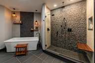 A modern bathroom with a leopard print shower.
