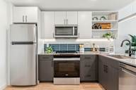 A modern kitchen with a refrigerator, microwave, oven, and sink.