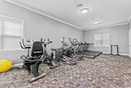 A gym room with a variety of exercise equipment including a stationary bike, a treadmill, and a rowing machine.