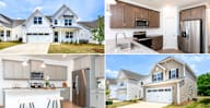 four different pictures of a white house with a kitchen