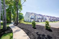 Tree-lined community pathway leading to elegant townhomes with professional landscaping