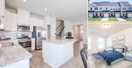 Collage featuring three views: modern kitchen with island, spacious living area, and comfortable bedroom, showcasing the home's open-concept design