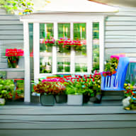 a window box with flowers and a blue chair on the front of a house