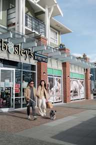 A man and woman walking their dog in front of Bosley's by Peet Valu.