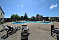 A pool surrounded by chairs and trees.