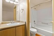 a bathroom with a sink and a toilet and a bath tub