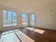 A sunny room with wooden floors and two windows.