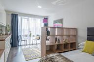 a bedroom with a bed and a desk and a living room
