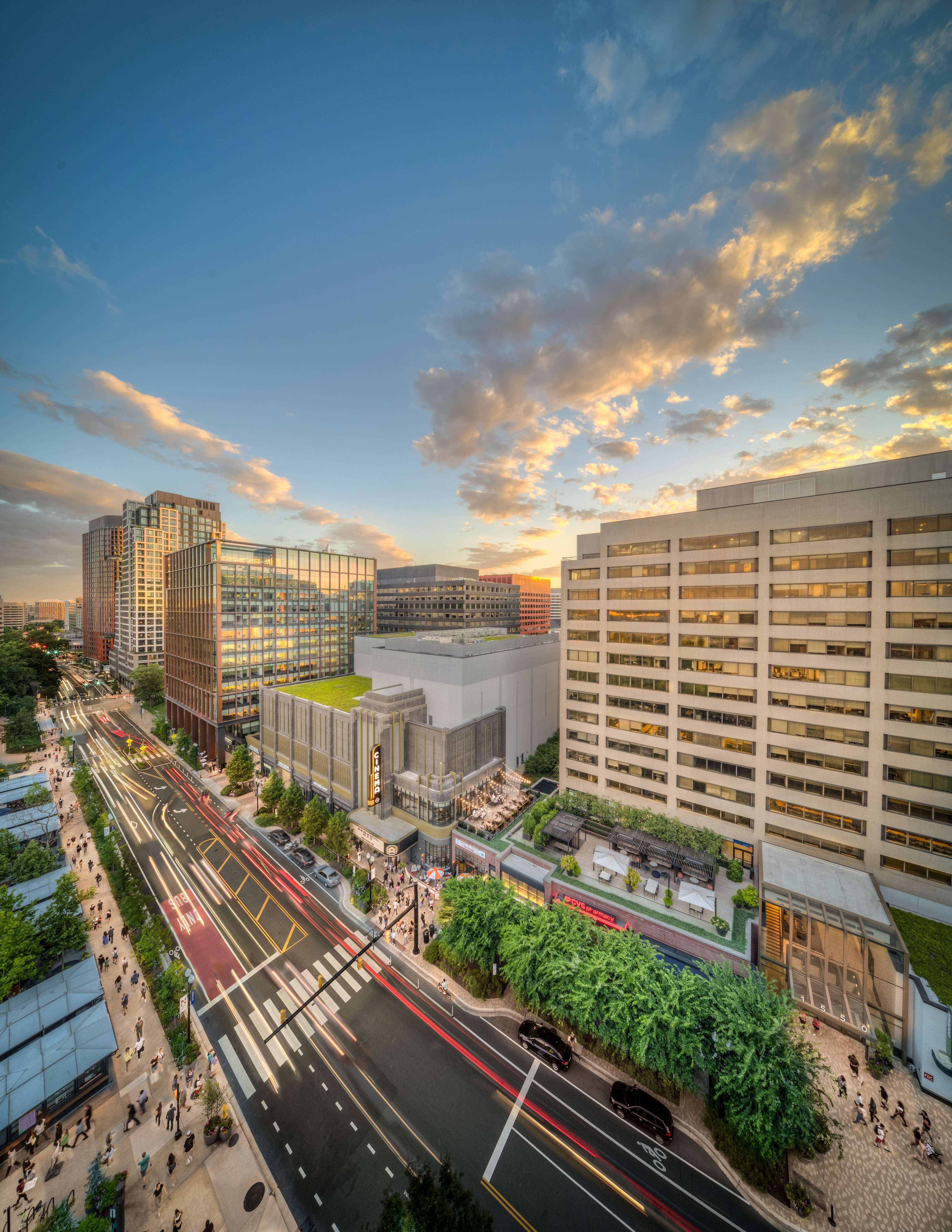 Aerial view of Crystal City office towers and street-level retail in National Landing