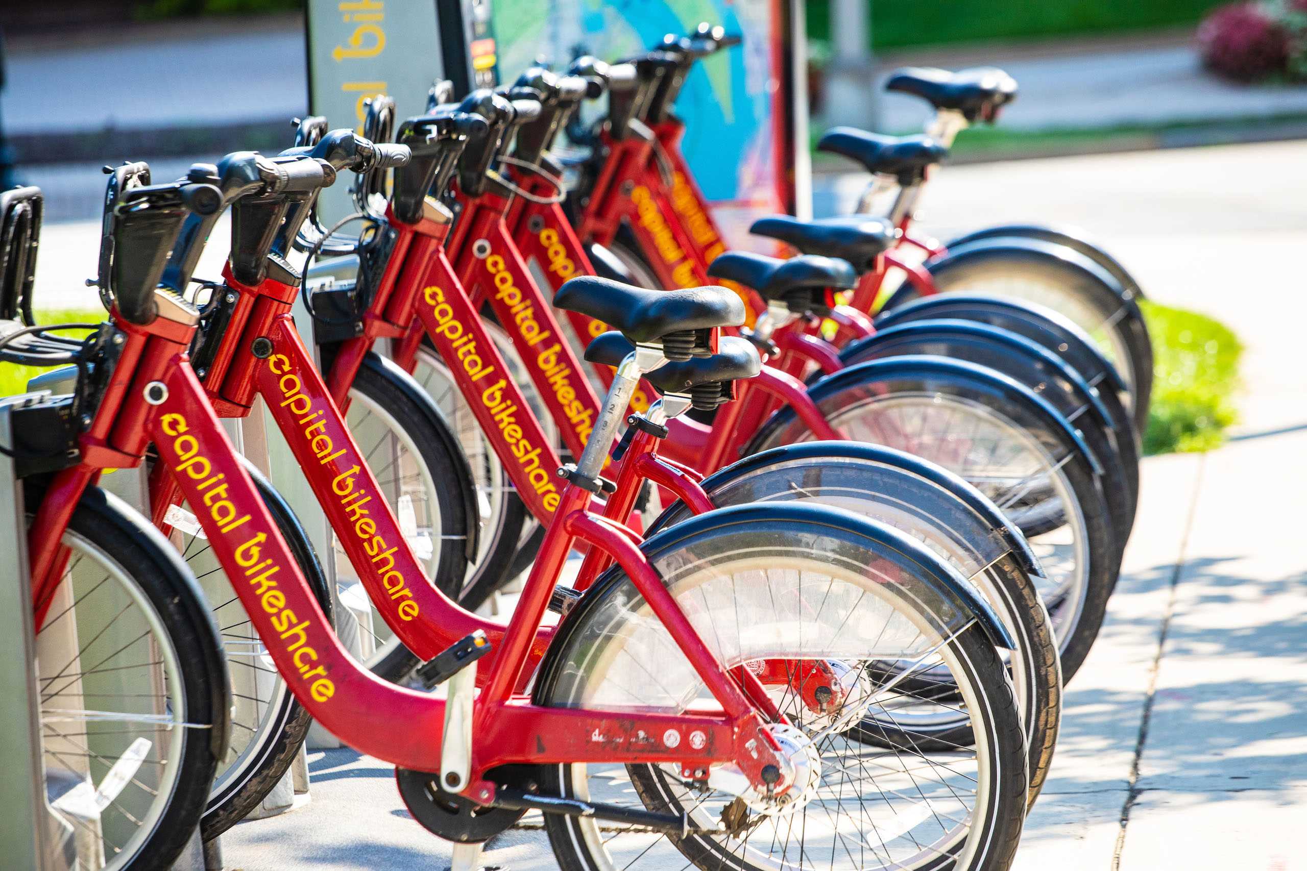 Row of Capital Bikeshare bicycles docked in National Landing
