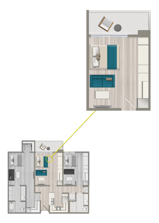 Spacious Studio 1 Bath - Furnished Co-Living Junior Suite with Balcony - #117B - 1 month LOS