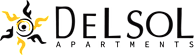 The image is a logo for Del Sol Apartments, featuring a stylized sun with a face in the center.