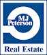 A blue and white logo for MJ Peterson Real Estate.